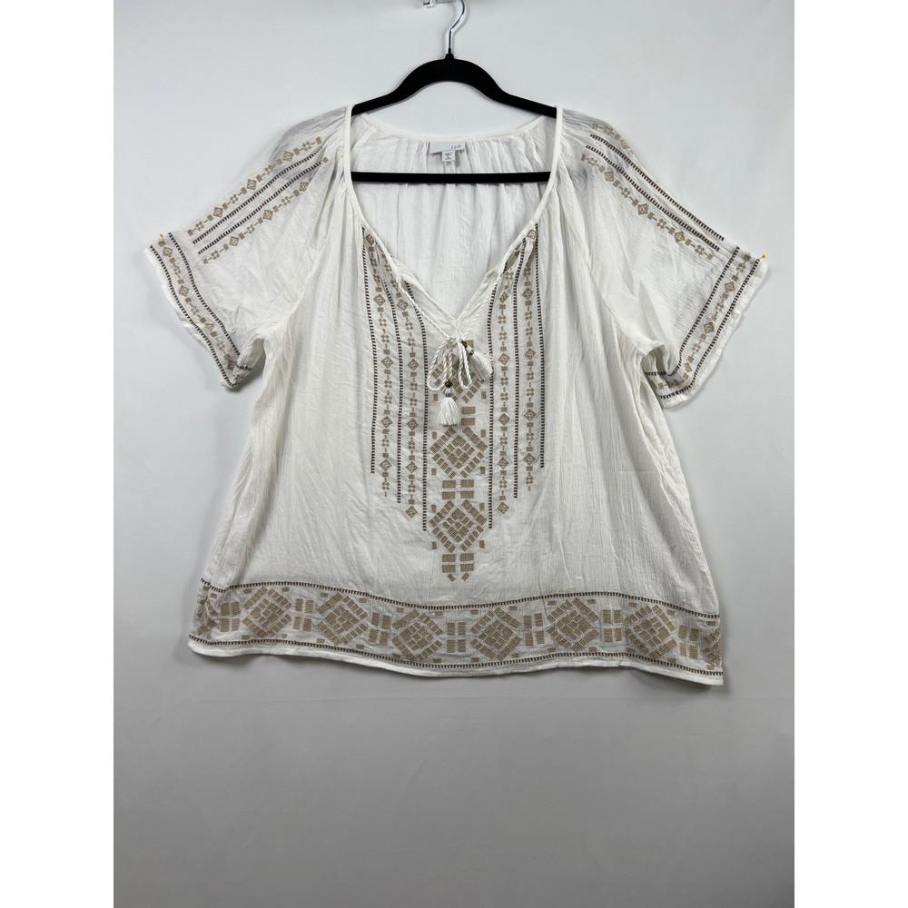J. Jill Embroidered Gauze Blouse Womens XL Petite White Tan Boho Tassel Top